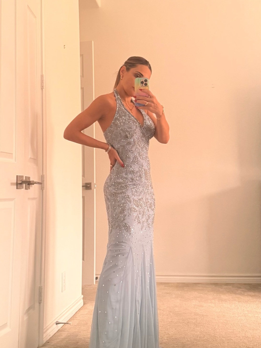 Adrianna Papell Light Blue Beaded Halter Maxi Gown